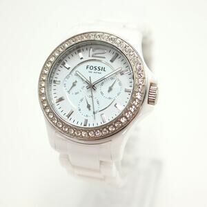 Fossil Riley Ceramic White Calendar 39mm Watch 5.75" Bracelet CE1010 New Battery